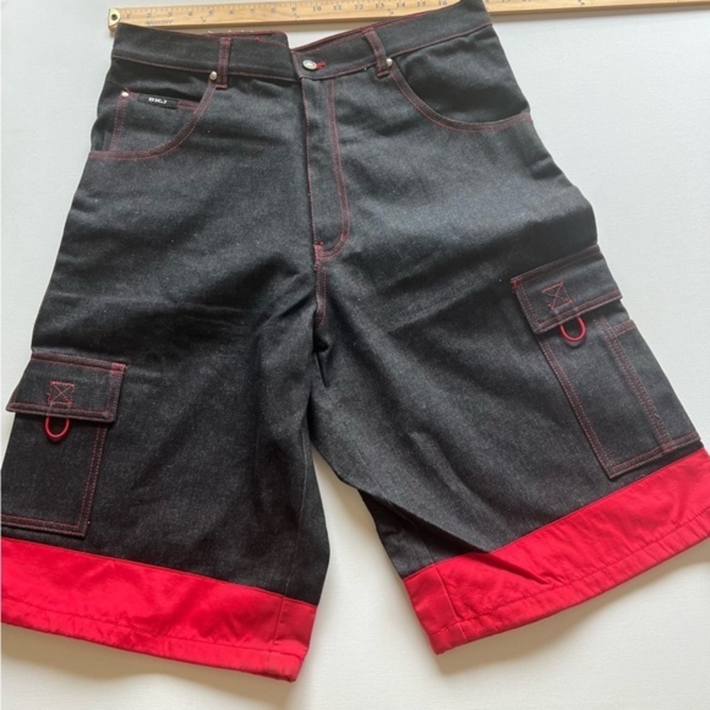 Nwt New Japanese Brand Vintage Bxj BoomX Jorts Black Denim Red Stitched Cargo